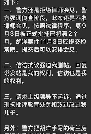 遭抓捕的荷蘭回國被捕留學生胡洋最新情況通報：警方試圖強迫胡洋媽媽停止信訪和發帖
